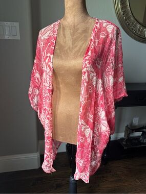 Winter Kate 100% Vintage Silk Pink Floral Open Front Kimono Cover Up Size S